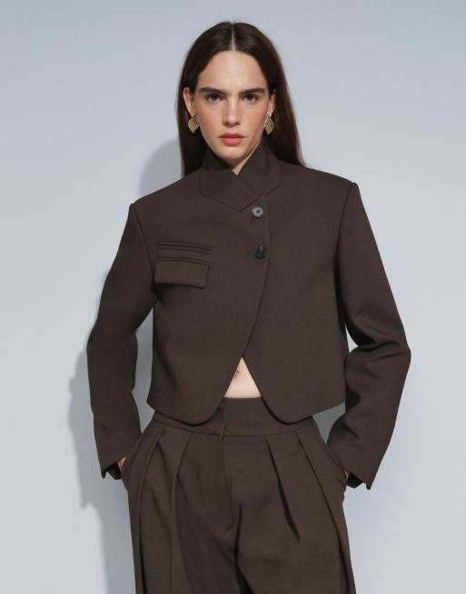 ASOS DESIGN tailored wool look boxy crop high neck blazer in khaki, 3 of 7