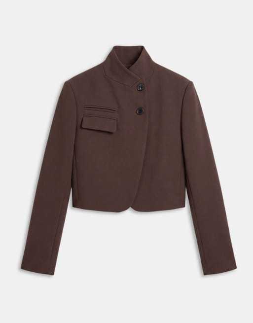 ASOS DESIGN tailored wool look boxy crop high neck blazer in khaki, 6 of 7