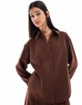 [ASOS DESIGN] ASOS DESIGN tailored wool look boxy shirt in chocolate (part of a set)-Brown S Chocolate