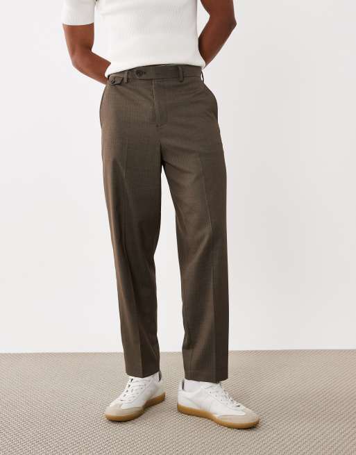 ASOS DESIGN tailored wool look relaxed tapered pants in dark brown herringbone, 2 of 5