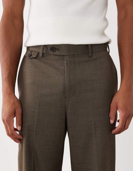 ASOS DESIGN tailored wool look relaxed tapered pants in dark brown herringbone, 4 of 5
