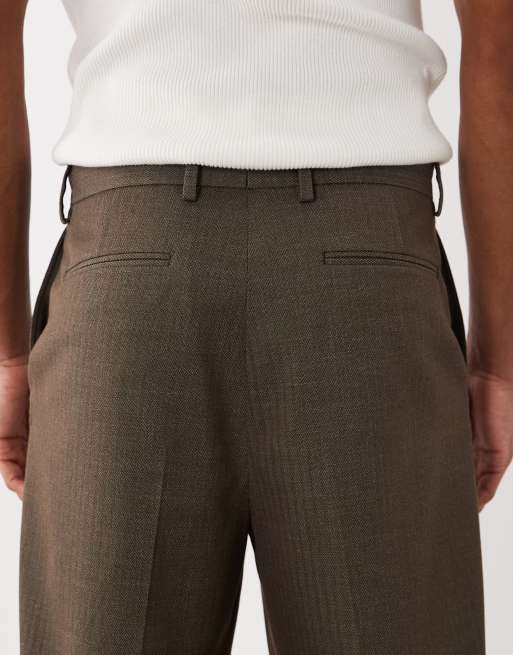 ASOS DESIGN tailored wool look relaxed tapered pants in dark brown herringbone, 5 of 5