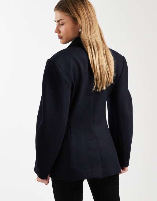 ASOS DESIGN tailored wool rich cocoon sleeve cinched waist blazer in navy, 4 of 4