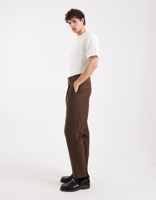 ASOS DESIGN tailored wool rich premium relaxed tapered pants with pleats in brown, 3 of 5