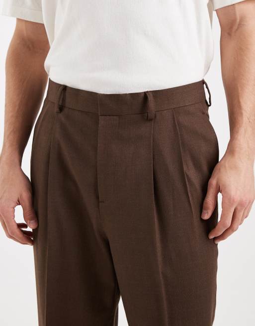 ASOS DESIGN tailored wool rich premium relaxed tapered pants with pleats in brown, 5 of 5