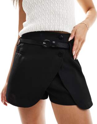 tailored wrap belted skort in black