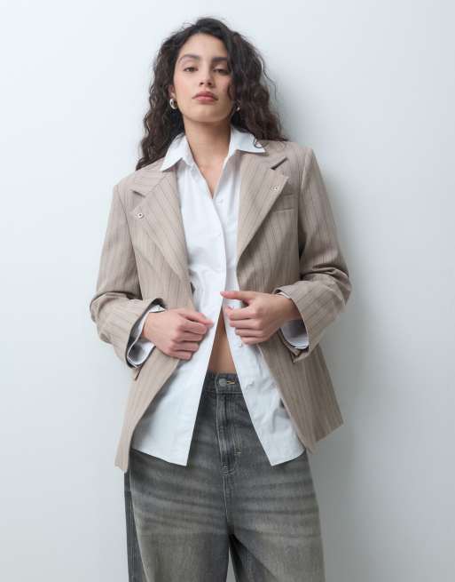 ASOS DESIGN tailored wrap neck blazer in taupe stripe, 2 of 4