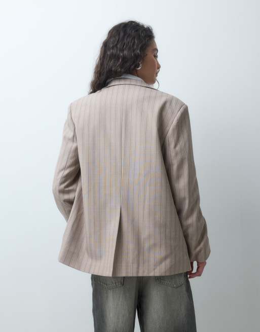 ASOS DESIGN tailored wrap neck blazer in taupe stripe, 4 of 4