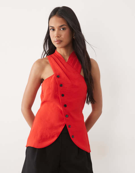 ASOS DESIGN Tailored wrap neck waistcoat in red - view 1