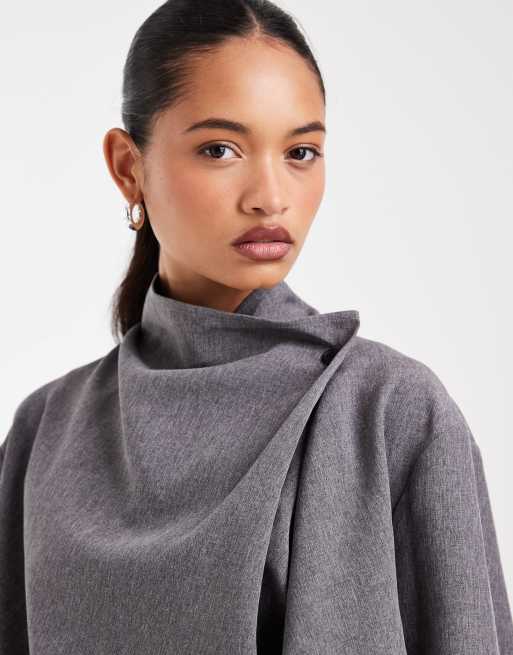 ASOS DESIGN Tailored wrap shacket top in grey melange, 3 of 4