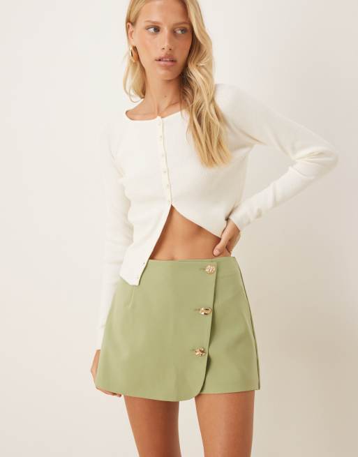 ASOS DESIGN tailored wrap skort with gold-tone button detailing in khaki green