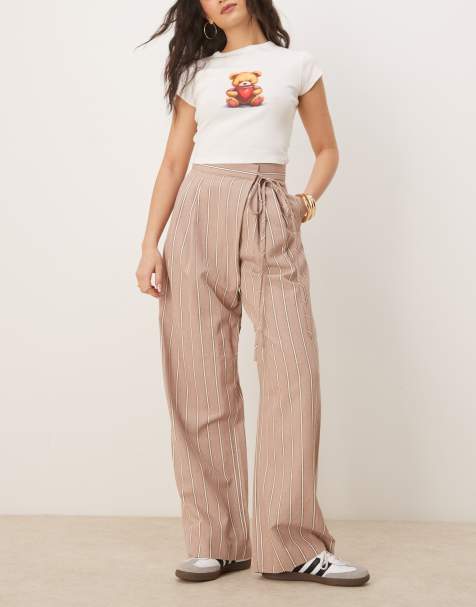 ASOS DESIGN tailored wrap tie pants with linen in mink stripe - view 1