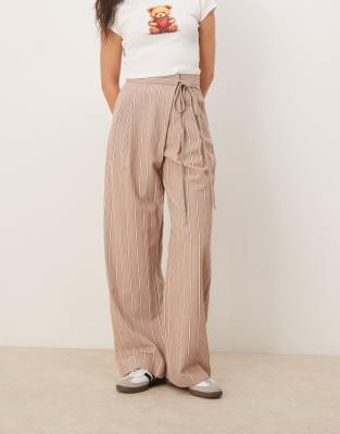 ASOS DESIGN tailored wrap tie pants with linen in mink stripe