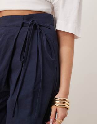 ASOS DESIGN tailored wrap tie pants with linen in navy
