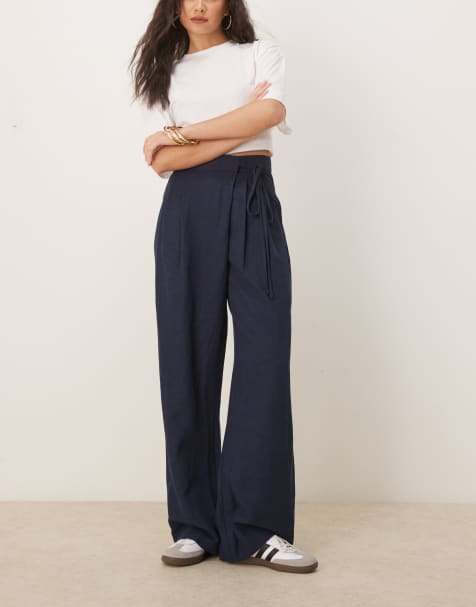 ASOS DESIGN tailored wrap tie trousers with linen in navy