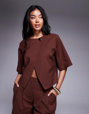 ASOS DESIGN tailored wrap top with gold tone button in chocolate - part of a set-Brown