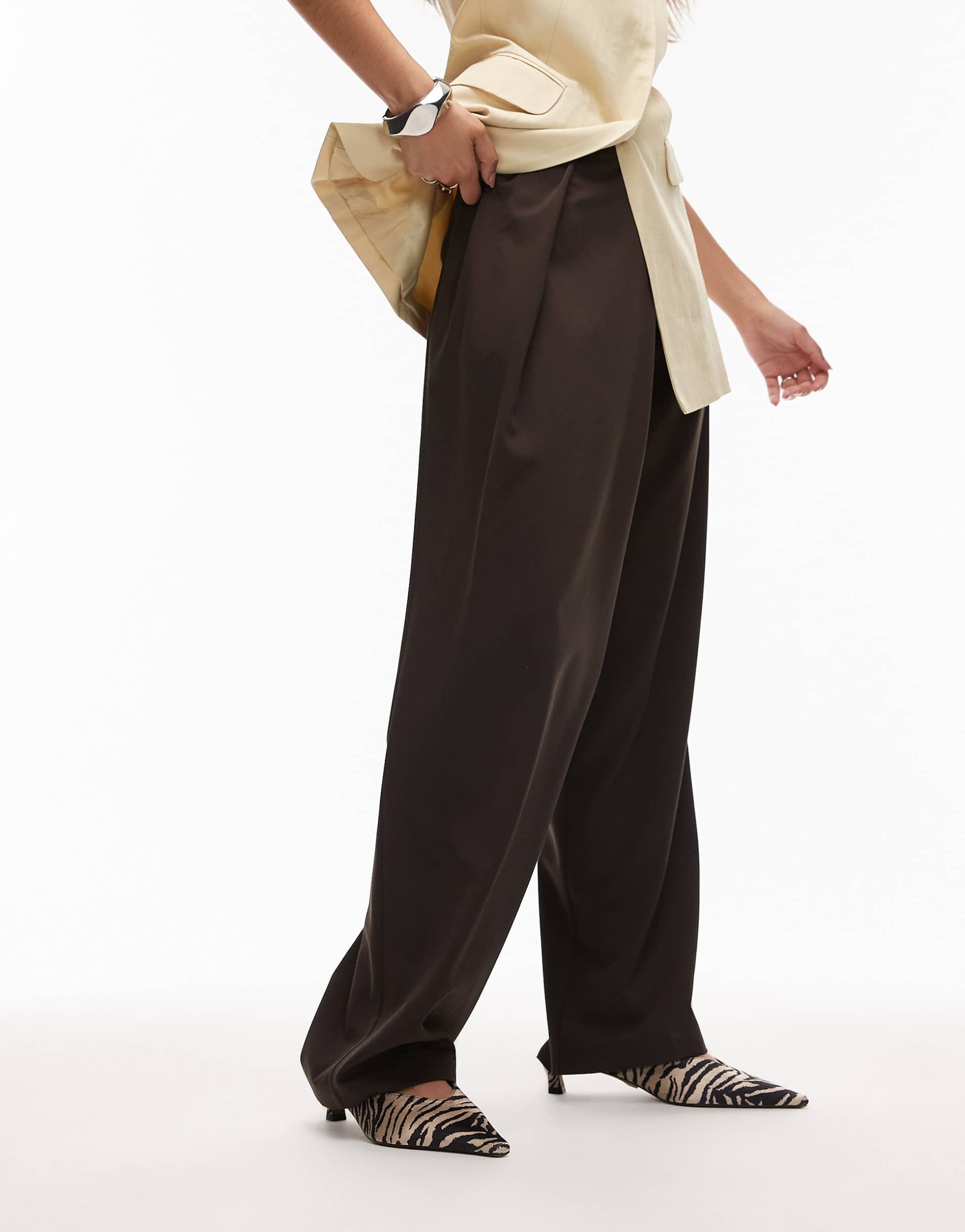 asos design tailored wrap waistband wide leg pants in chocolate