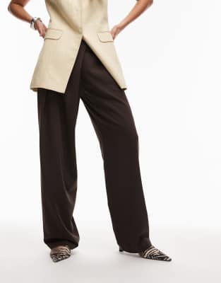 Asos Design Tailored Wrap Waistband Wide Leg Pants In Brown