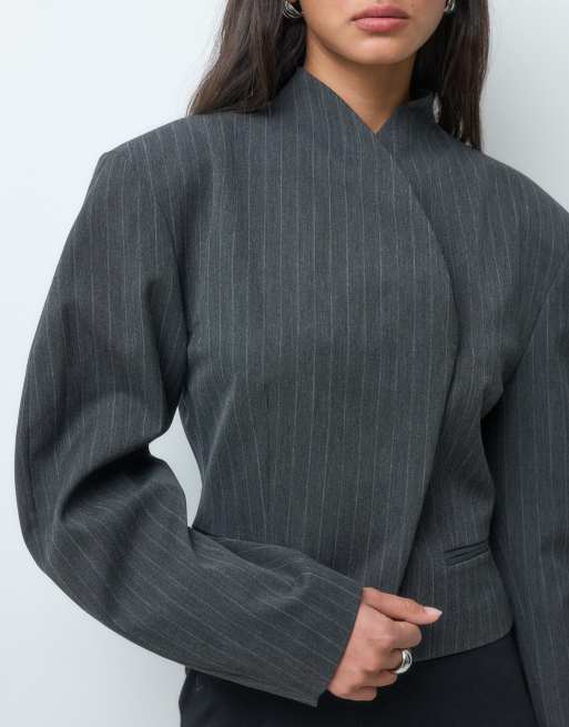 ASOS DESIGN tailored wrapped barrel sleeve blazer in charcoal stripe, 2 of 5