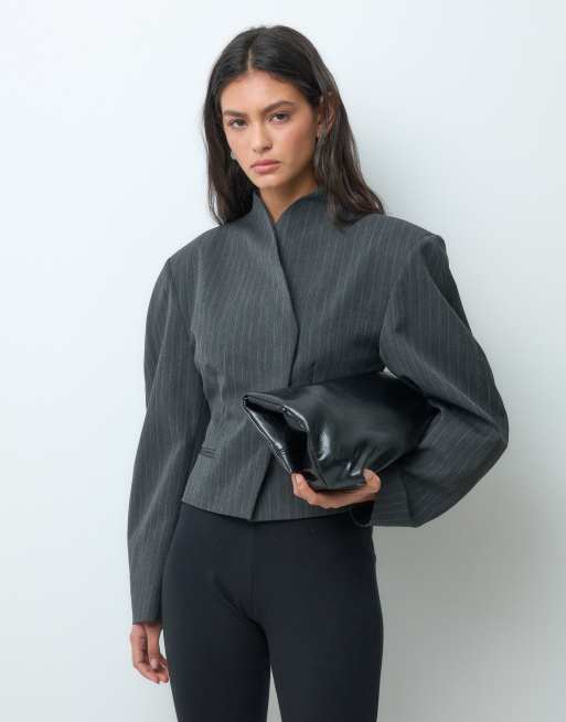 ASOS DESIGN tailored wrapped barrel sleeve blazer in charcoal stripe, 3 of 5