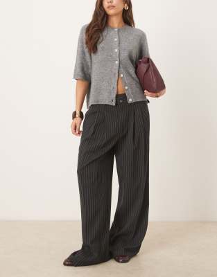 Asos Design Tailoring Low Rise Wide Leg Pants With Asymmetric Waistband In Gray