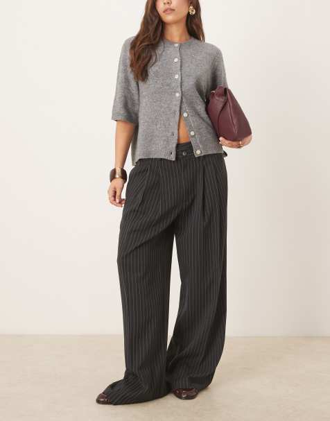 ASOS DESIGN tailoring low rise wide leg pants with asymmetric waistband in charcoal pinstripe - view 1