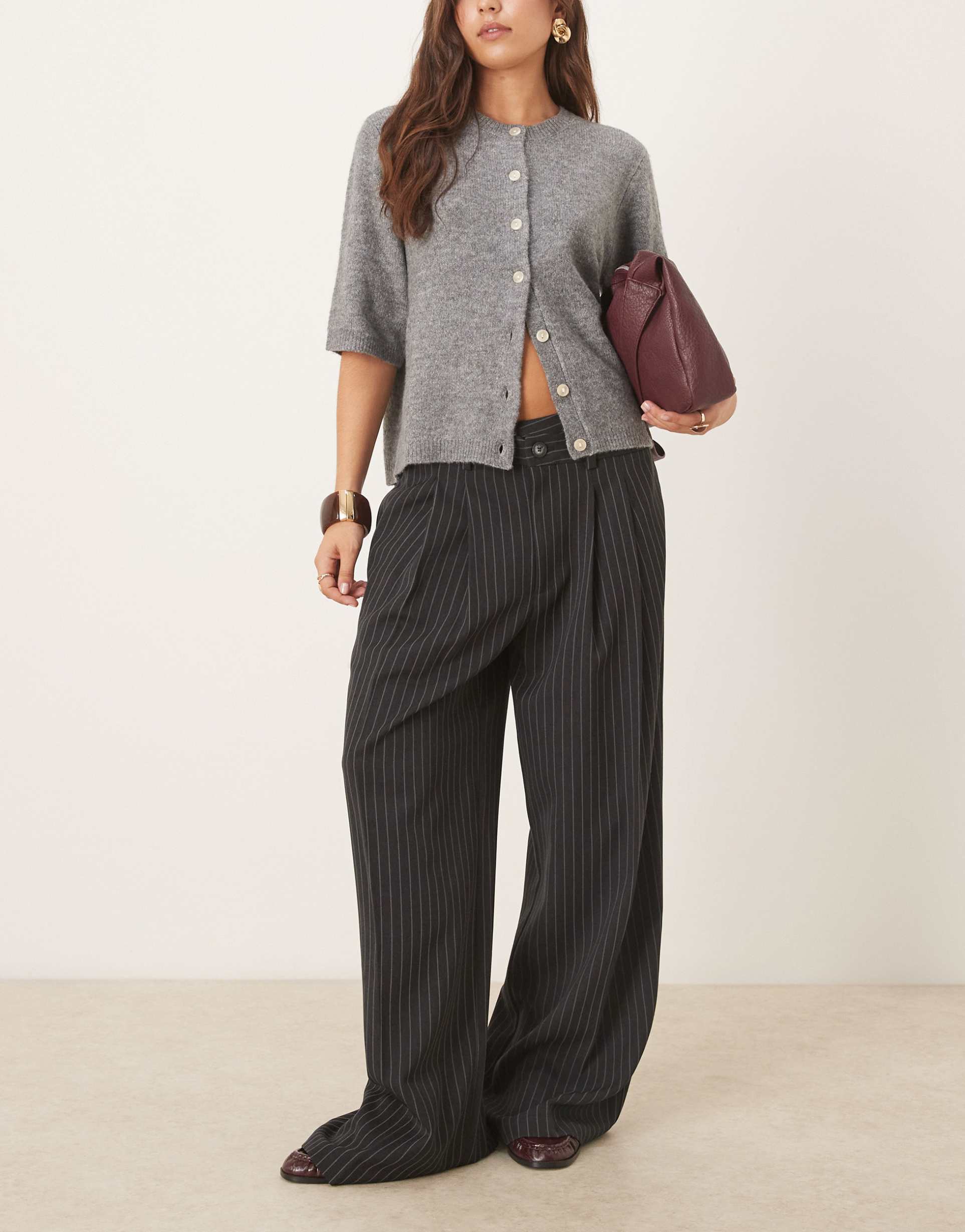 asos design tailoring low rise wide leg pants with asymmetric waistband in charcoal pinstripes