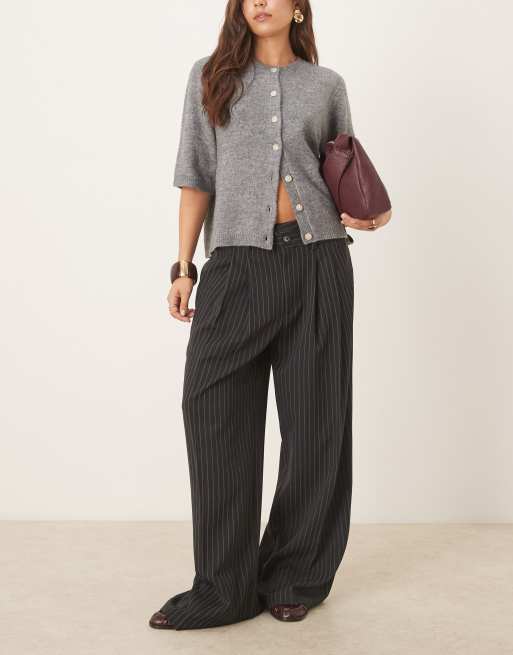 ASOS DESIGN tailoring low rise wide leg trouser with asymmetric waistband in charcoal pinstripe