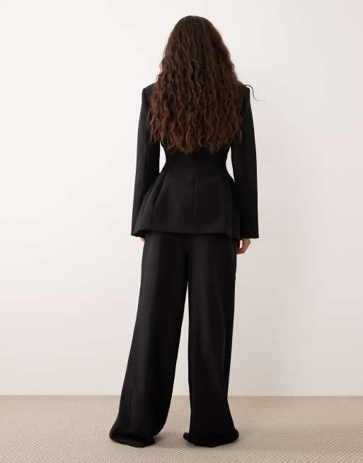 ASOS DESIGN tailoring low rise wide leg trousers with asymmetric waistband in black , 2 of 5