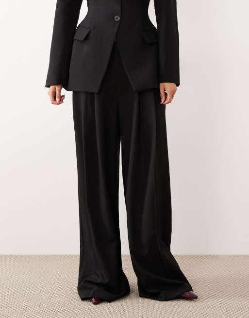 ASOS DESIGN tailoring low rise wide leg trousers with asymmetric waistband in black , 5 of 5