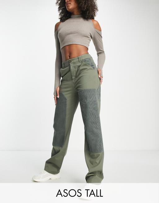 ASOS DESIGN Tal – Minimalistische Cargohose aus Cord im Patchworkdesign in Khaki