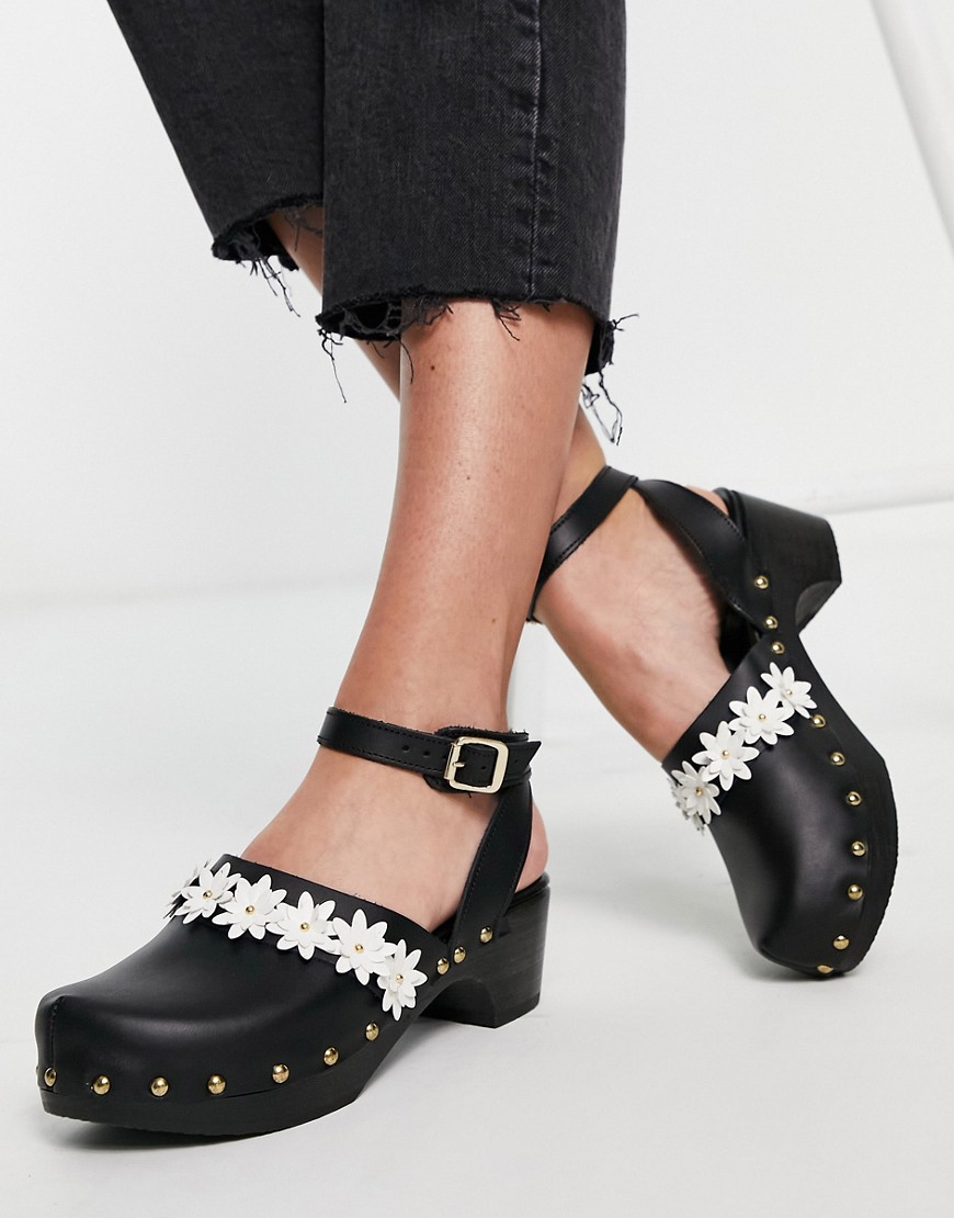 ASOS DESIGN Talent leather daisy clog in black