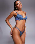 [ASOS DESIGN] ASOS DESIGN Talia strappy lace tanga lingerie thong with cut out detail in dusty blue 6 Dusty blue