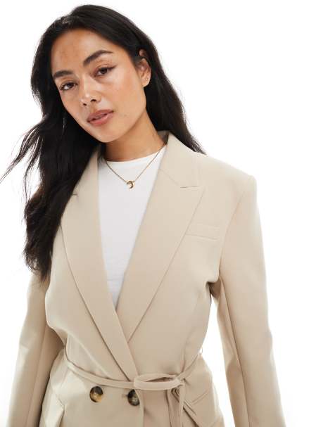 ASOS DESIGN tie waist cinch blazer in camel