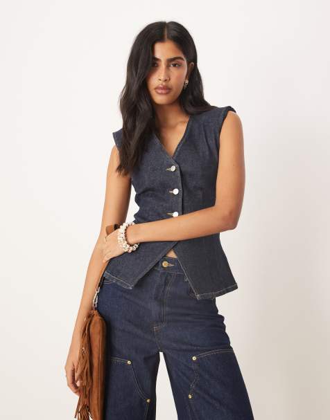 ASOS DESIGN cinched waist denim waistcoat with shoulder pads in rinse wash