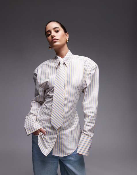 ASOS DESIGN cinch waist shirt with shoulder pads and tie in yellow stripe