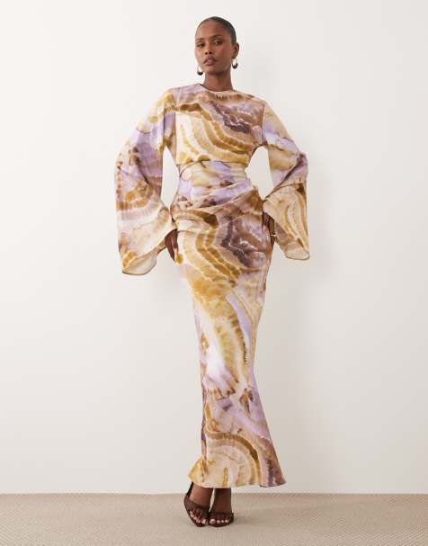 ASOS DESIGN – Taliowana sukienka maxi z długimi rękawami w abstrakcyjny wzór - view 1