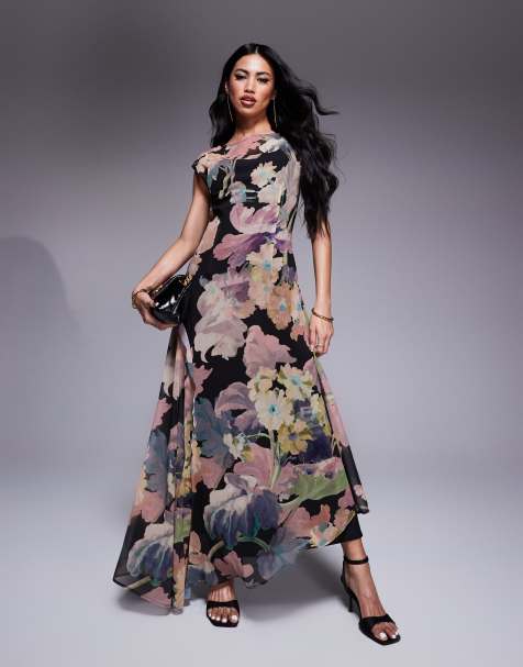 ASOS DESIGN slash neck waisted maxi dress in blown up floral