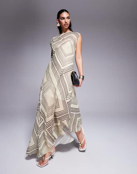 ASOS DESIGN slash neck waisted maxi dress in stripe abstract