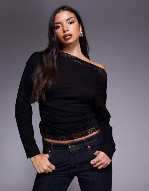 ASOS DESIGN – Taliowany asymetryczny czarny top z odsłoniętym ramieniem, długimi rękawami i koronkowym wykończeniem