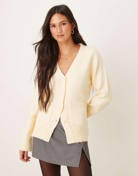 ASOS DESIGN waisted v neck cardigan with pocket detail in buttermilk