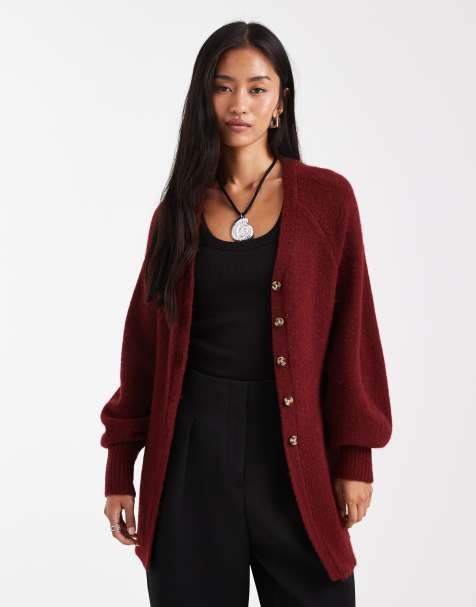 ASOS DESIGN v neck longline cardigan with waist detail in fluffy yarn in burgundy