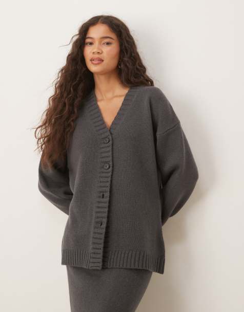 ASOS DESIGN longline waisted cardigan in premium lambswool co-ord in charcoal - CHARCOAL