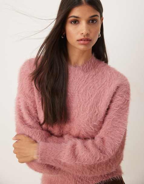 ASOS DESIGN knitted eyelash waisted crew neck jumper in pink