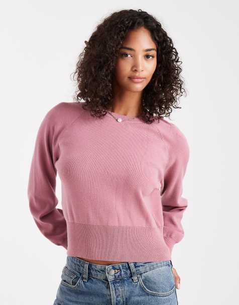 ASOS DESIGN knitted crew neck jumper with waisted detail in dusty pink