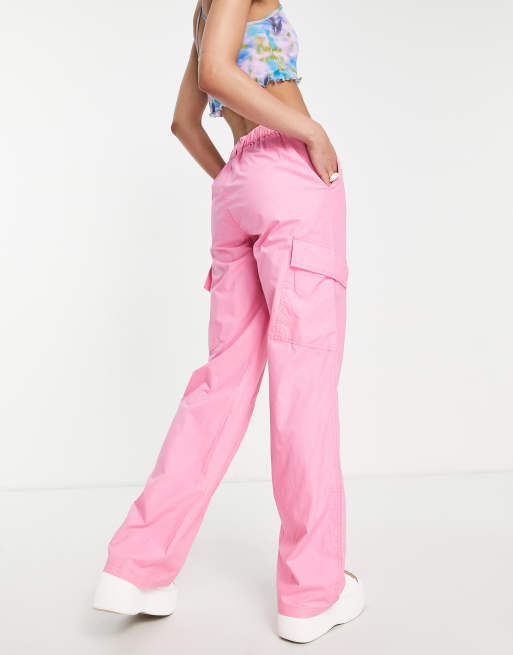 Hot Pink Belted Wide Leg Cargo Jeans, Denim