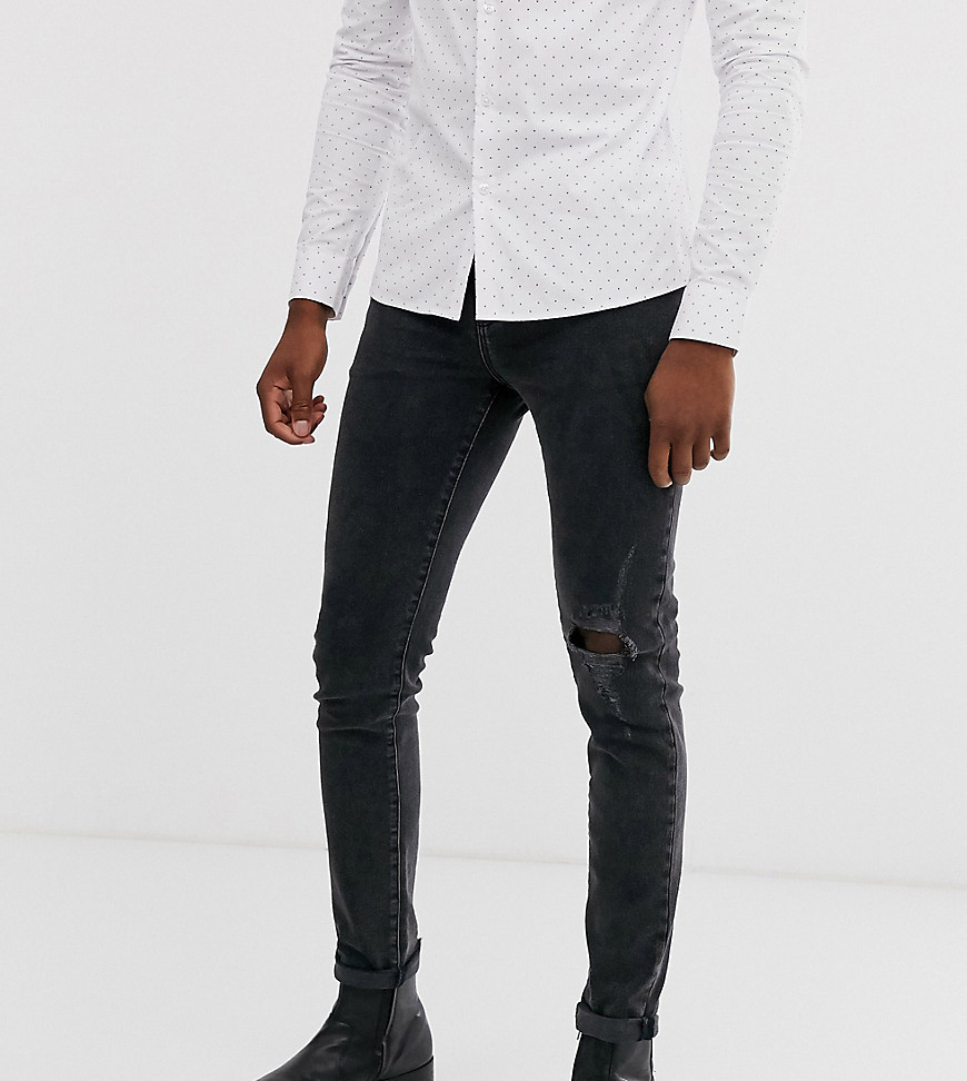 ASOS DESIGN – Tall – 12.5oz – Svarta skinny jeans med knärevor och sliten fåll