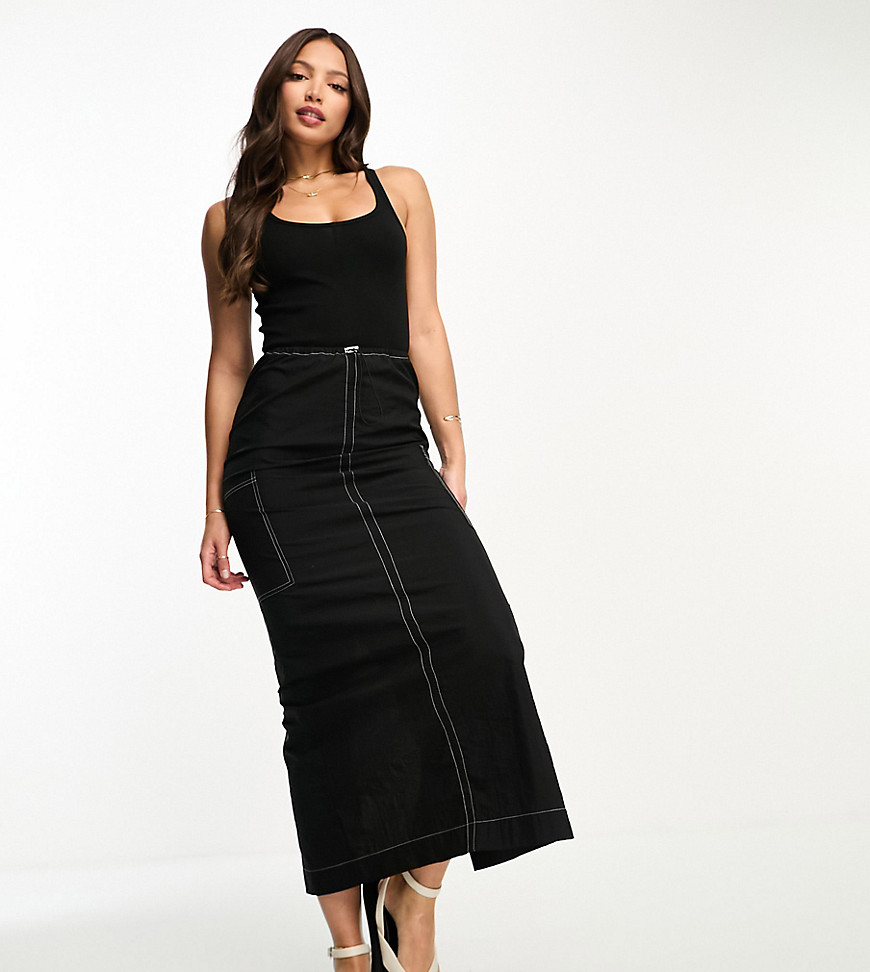 ASOS DESIGN Tall 2 in 1 ribbed scoop neck tank top with cargo midi skirt in black with contrast stitch
