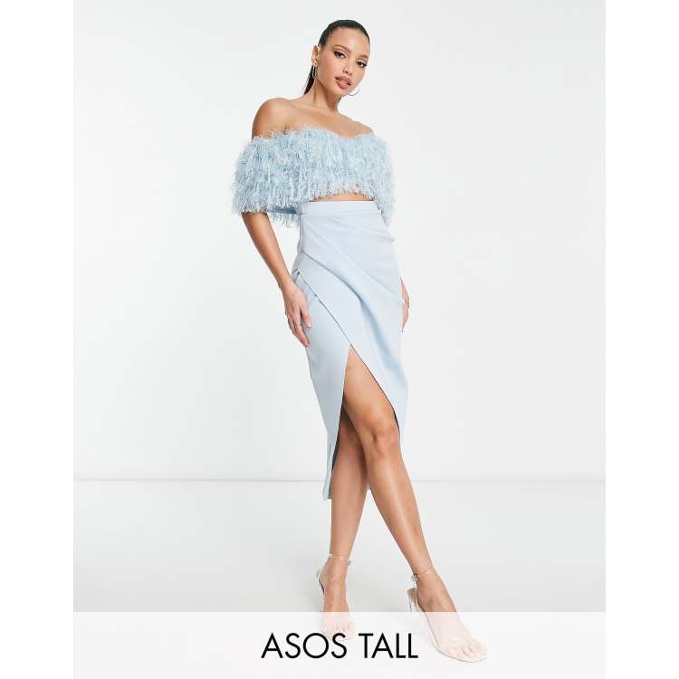 ASOS DESIGN Tall 2 piece off shoulder pencil wrap tuck faux feather midi dress in light blue