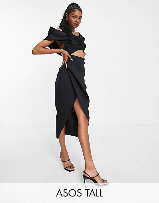 Women Tall 2 piece off shoulder pencil wrap tuck midi dress in black 